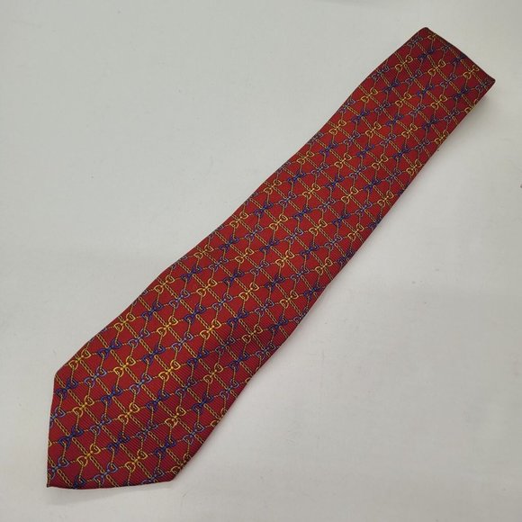 Via Condotti Roma Tie Mens OS Necktie Red Equestrian Chain Print Silk Handmade - Picture 2 of 9
